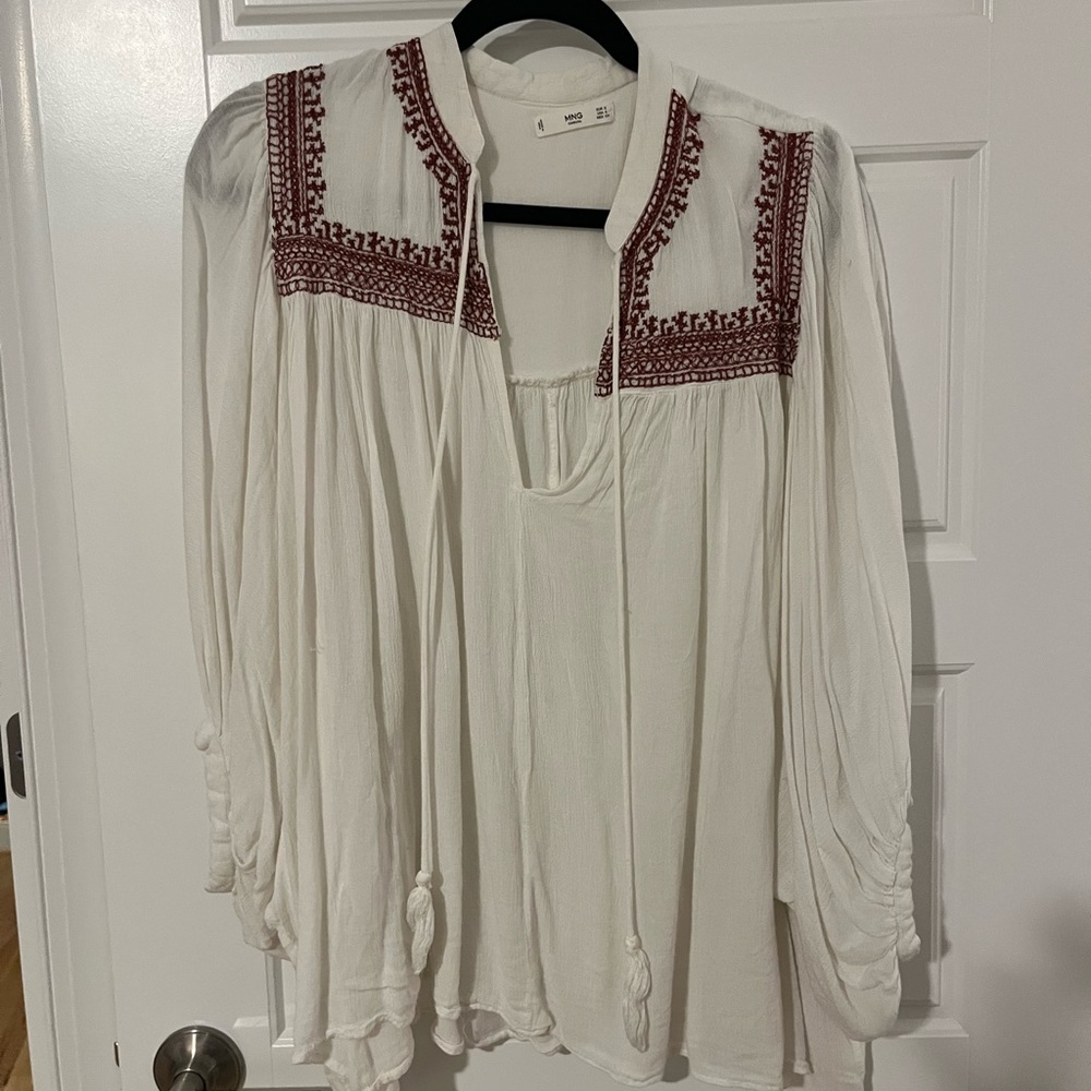 Mango White Blouse with Red Embroidery Boho